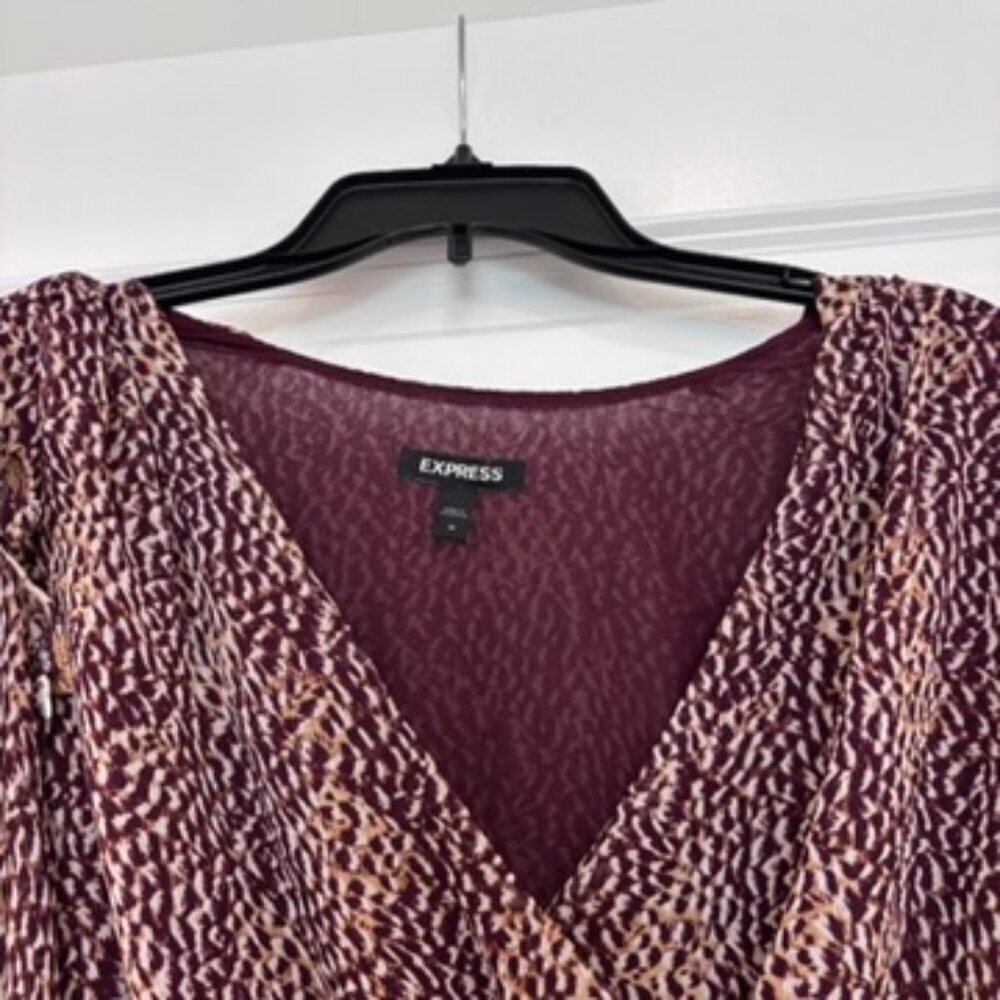 EXPRESS Wine & Cream Mixed Media Ruffle Trim Peplum Hem Blouse - Picture 3 of 7